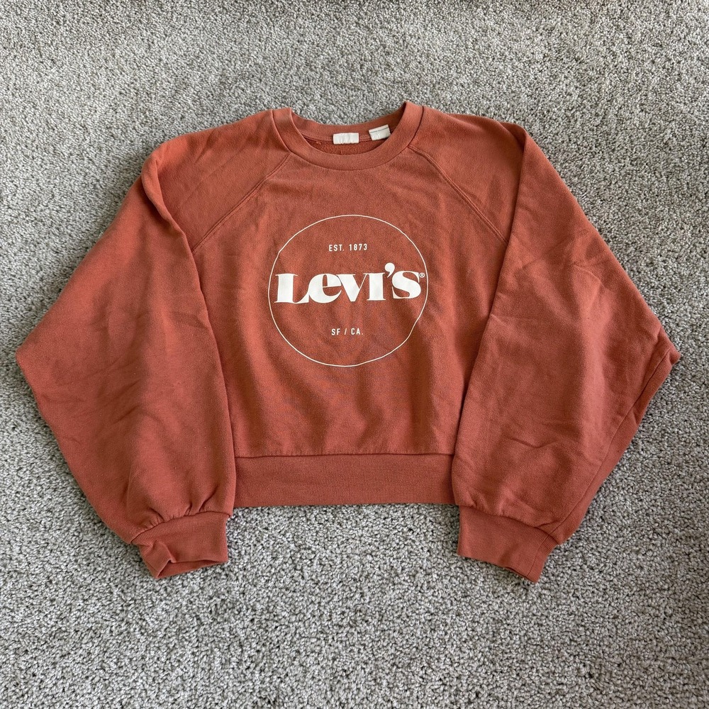 Levi's Sweatshirt Womens Medium Orange Fleece Crewneck Logo Cropped Pullover